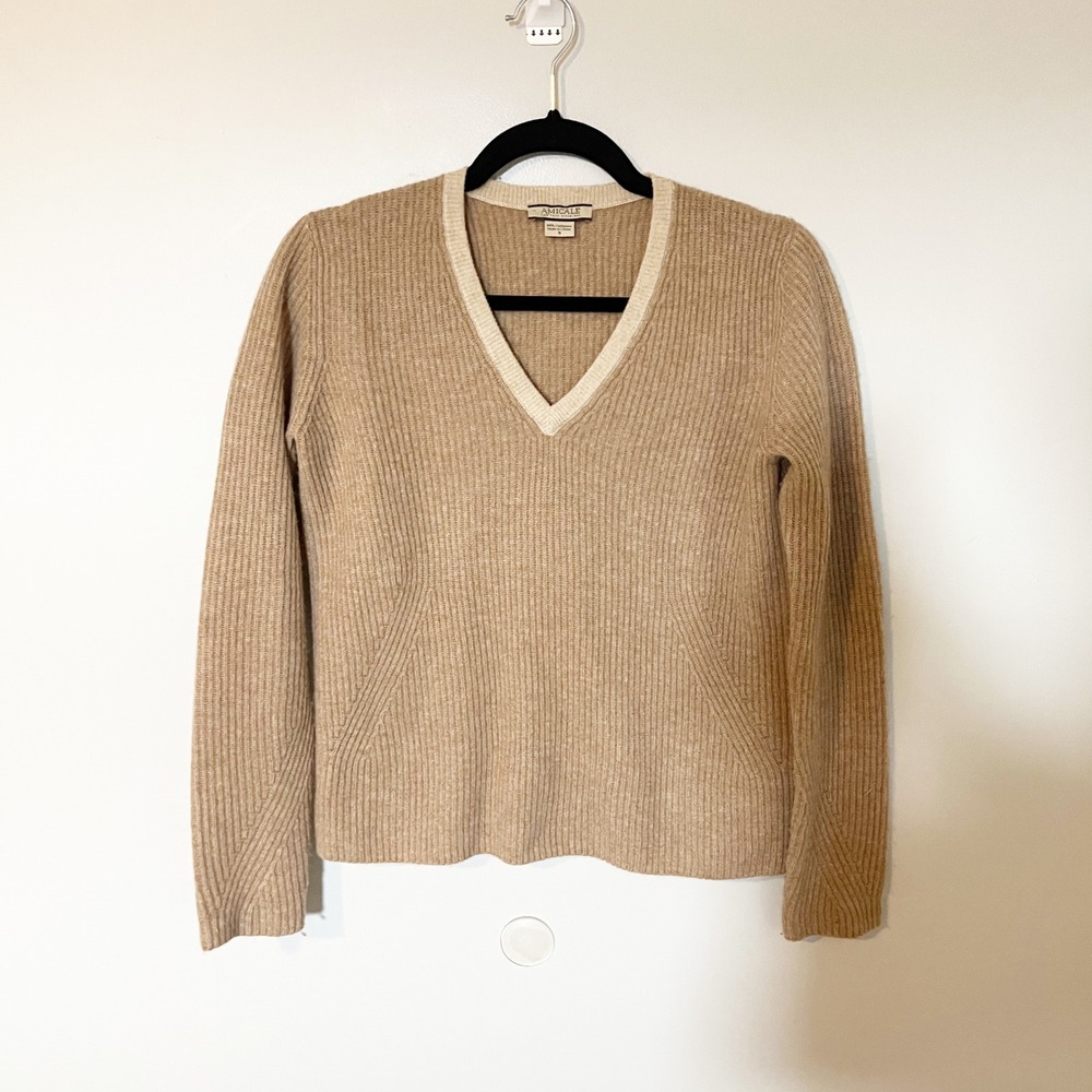 Amicale‎ New York cashmere ribbed brown v neck sweater small